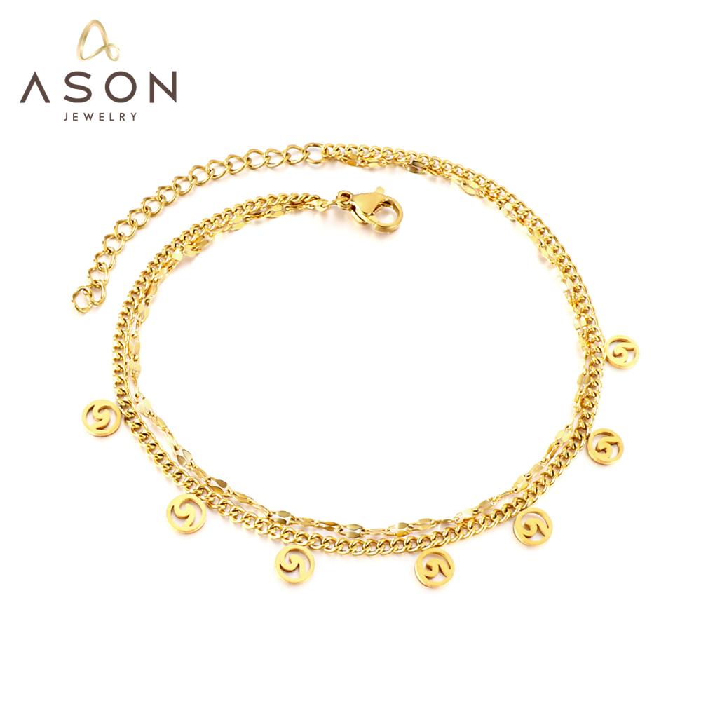 ASON Fashion Round Shape Hollow Out Accessories Multi-layer Chains Anklets Gold Color Stainless Steel For Women Jewelry asonjewelry